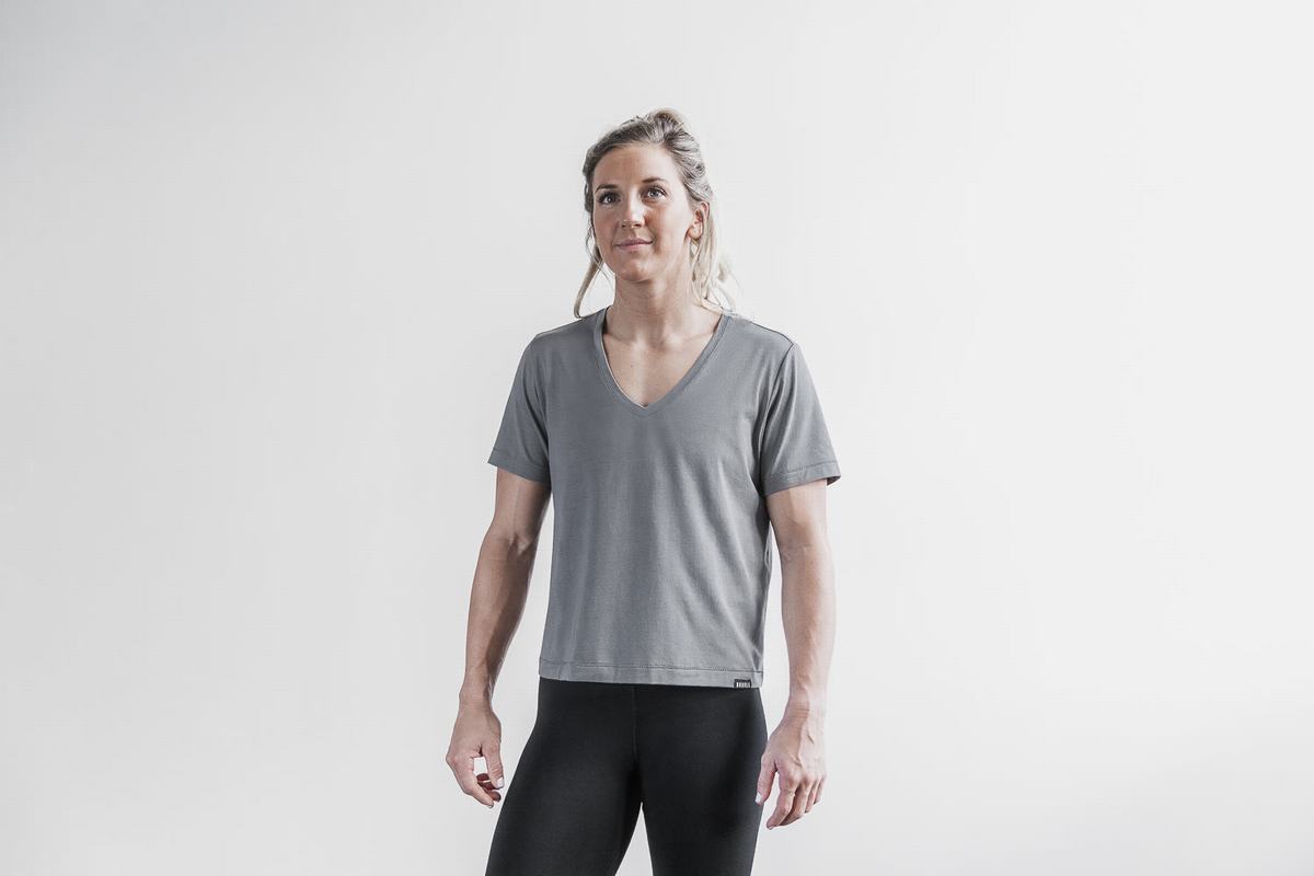 Nobull Lightweight V-Neck Women\'s T Shirts Dark Grey | Australia (XT0714)
